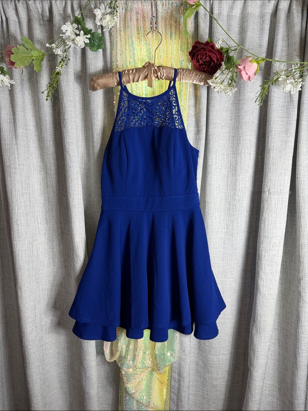 Sleeveless Royal Blue Lace Yoke Asymmetrical Hem Dress